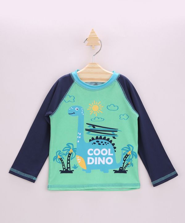 Camiseta de Praia Infantil Raglan Dinossauro Manga Longa com Proteção UV50+ Verde Claro 3