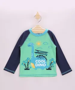 Camiseta de Praia Infantil Raglan Dinossauro Manga Longa com Proteção UV50+ Verde Claro 1