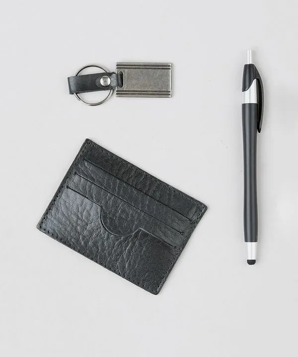 Kit de Porta Cartões em Couro + Chaveiro + Caneta Preto Único