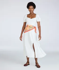 vestido midi feminino com linho decote coração manga bufante off white PP