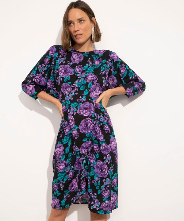 vestido curto floral manga 3/4 com ombreira mindset preto GG