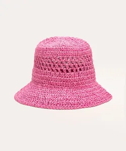 chapéu bucket crochê palha rosa Único