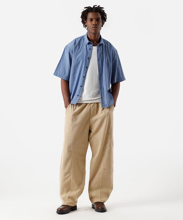 calça super baggy masculina de sarja com recortes cós elástico bege 36