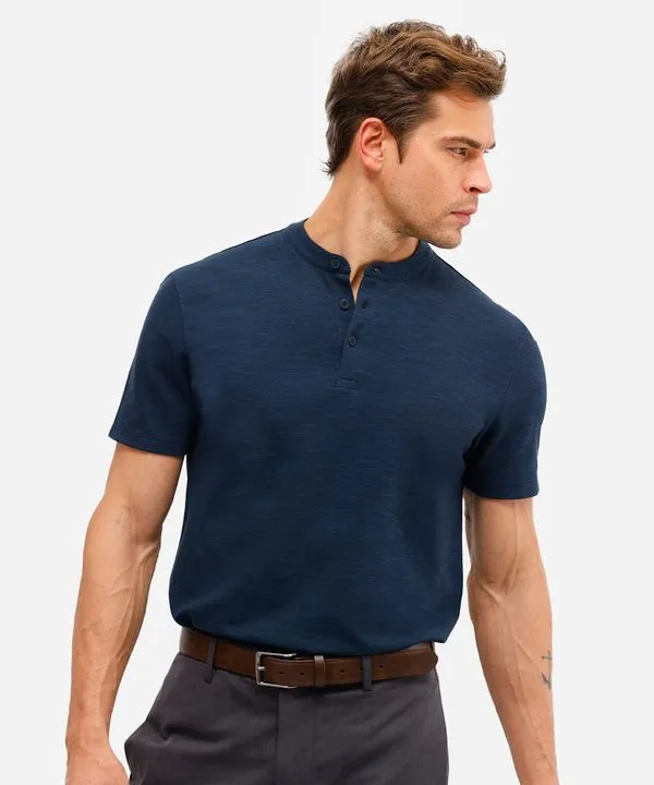 polo masculina de algodão gola padre texturizada azul M