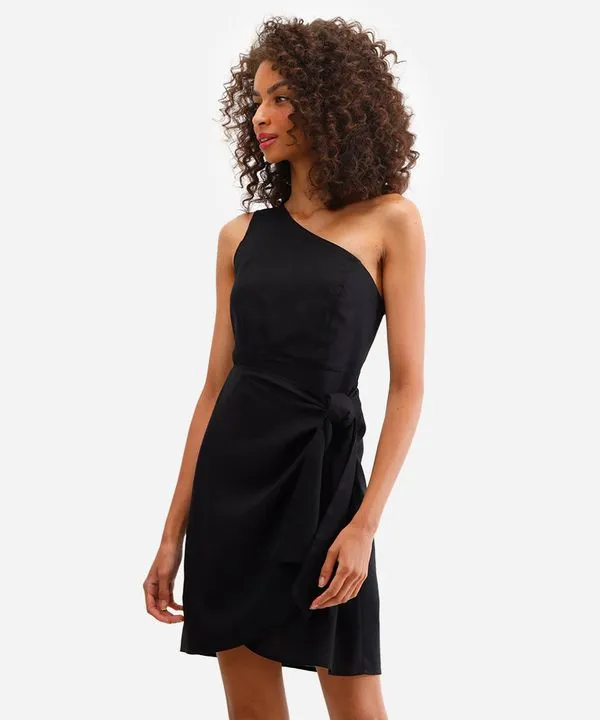 vestido ombro único com linho e amarração preto PP