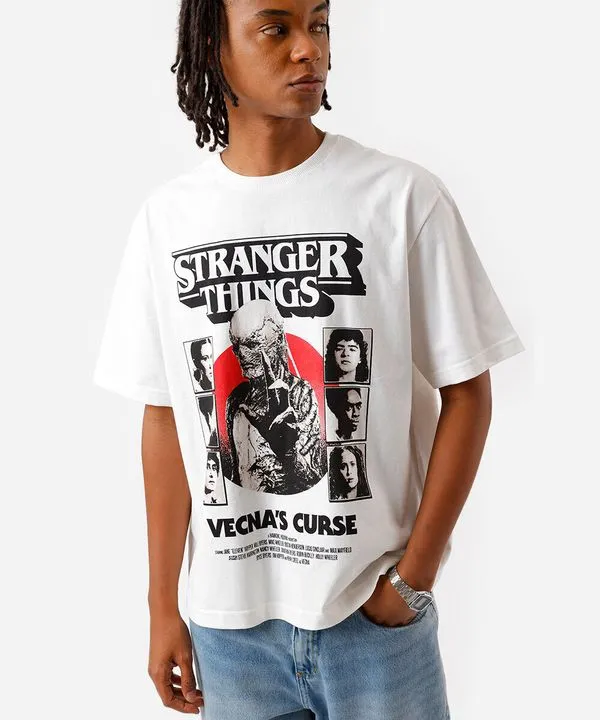 camiseta box fit masculina de algodão stranger things off white M