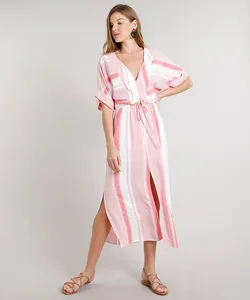 Vestido Feminino Midi Listrado com Fendas Manga Curta Off White M