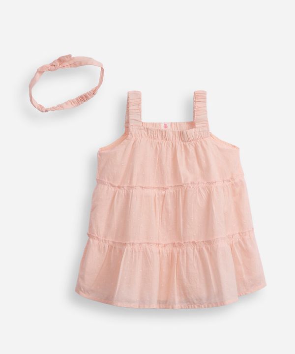 vestido de algodão infantil poá com tiara rosa 6-9