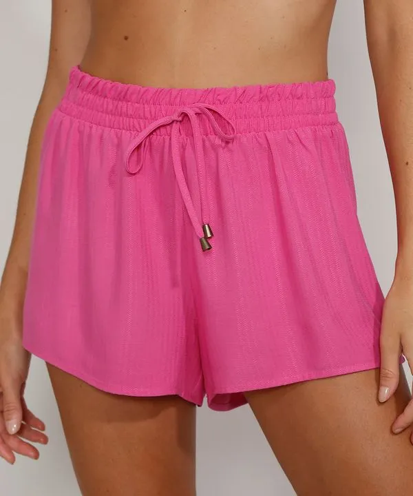 Short Saída de Praia Feminino Maquinetado com Cordão Pink P