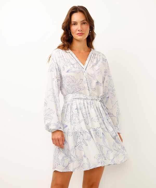 vestido curto de viscose manga bufante floral cinza PP