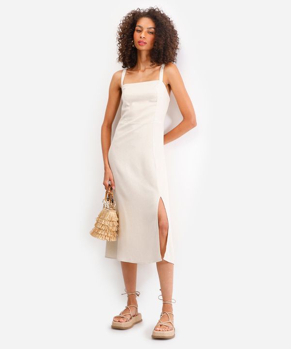 vestido midi feminino com linho e fenda bege M