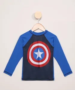 Camiseta de Praia Infantil Raglan Capitão América Manga Longa com Proteção UV50+ Azul 6