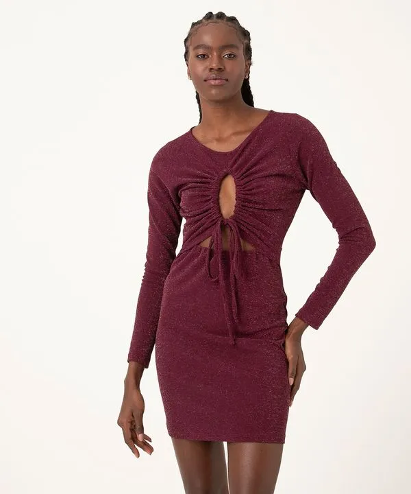 vestido tubinho em lurex cut out com amarração roxo escuro G