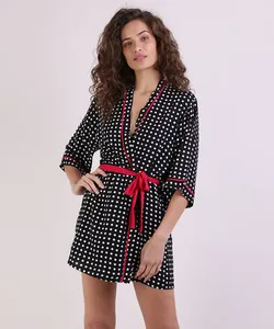 Robe Feminino Estampado de Poá Manga 3/4 Preto G
