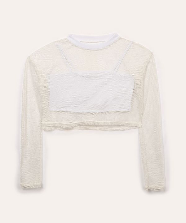 blusa de tela juvenil com sobreposição manga longa off white 16