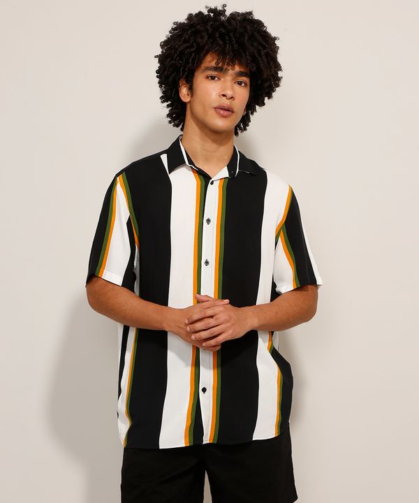 Camisa de Viscose Listrada Manga Curta Multicor M