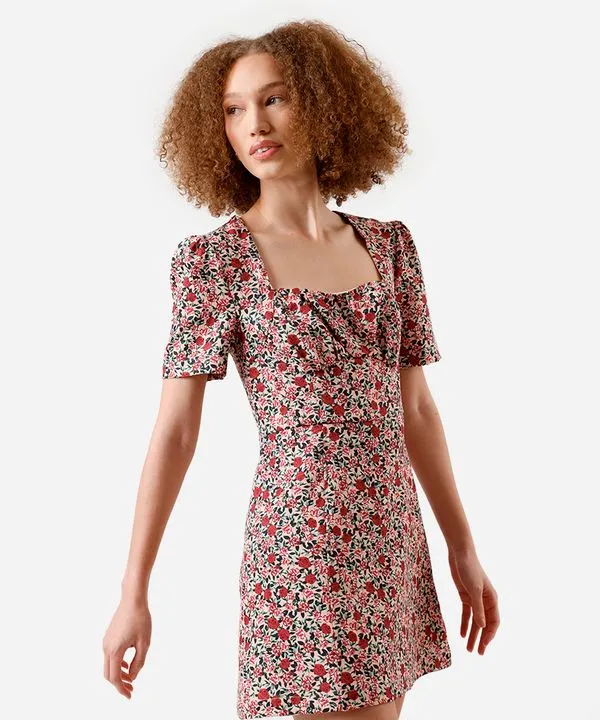 vestido curto feminino decote quadrado floral rosa GG