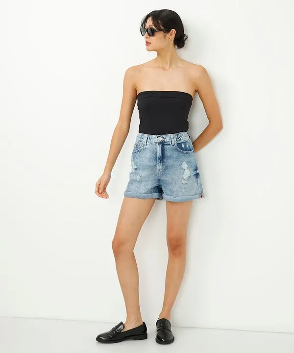 Short Jeans Feminino Mom Cintura Super Alta com Bolsos e Elástico Azul Médio 42