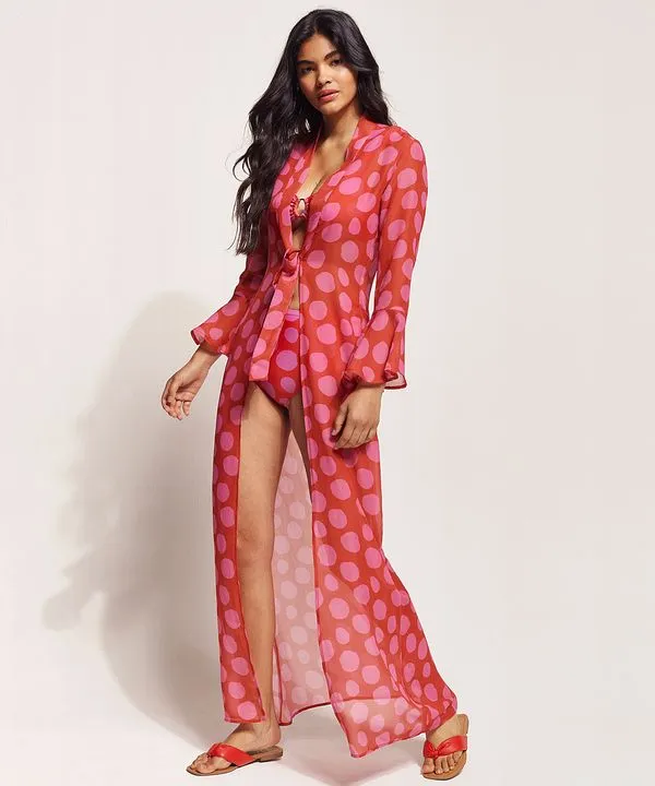 Saída de Praia Feline Longa Estampada Dots com Amarração e Transparência Manga Longa Vermelha M