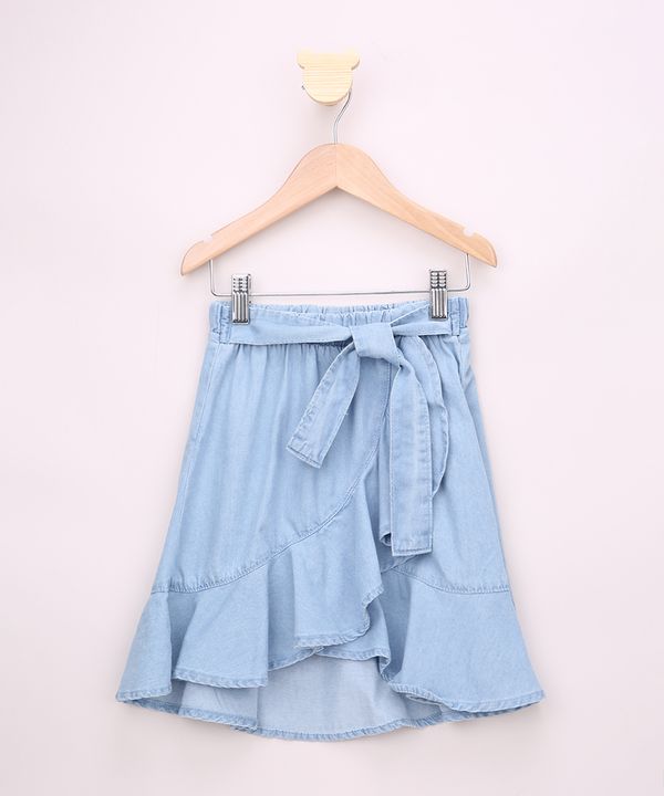 Saia Jeans Infantil Midi Transpassada com Babado e Faixa para Amarrar Azul Claro 8