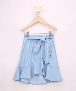 Saia Jeans Infantil Midi Transpassada com Babado e Faixa para Amarrar Azul Claro 12