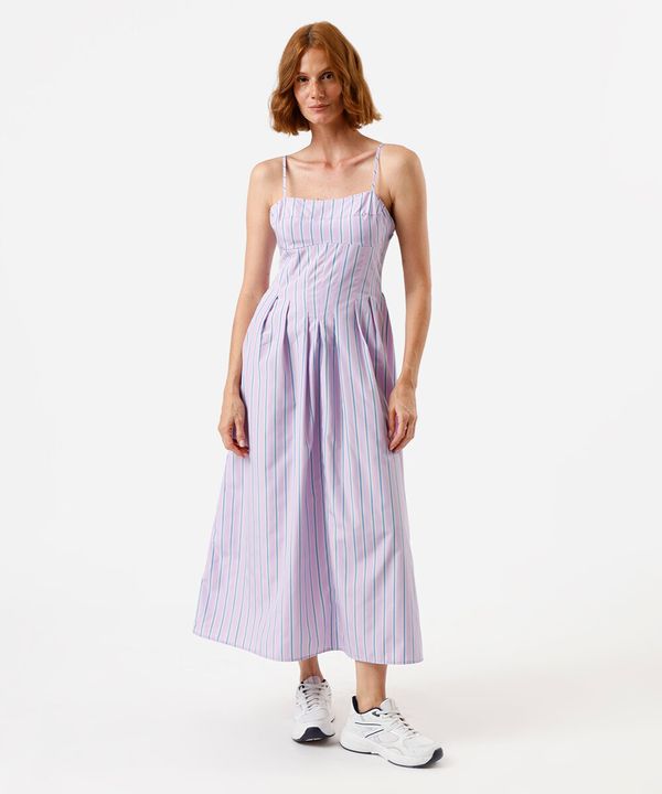 vestido midi alça fina feminino com pregas listrado lilás M