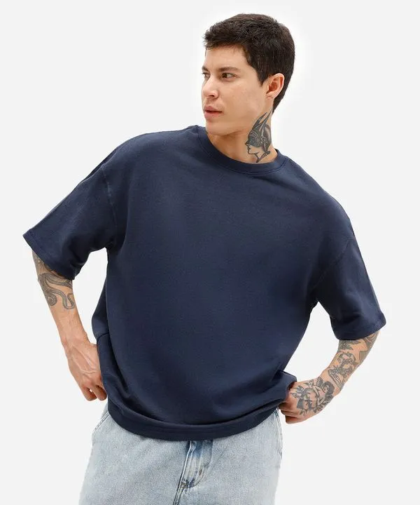 camiseta oversized masculina de moletom sem felpa azul P