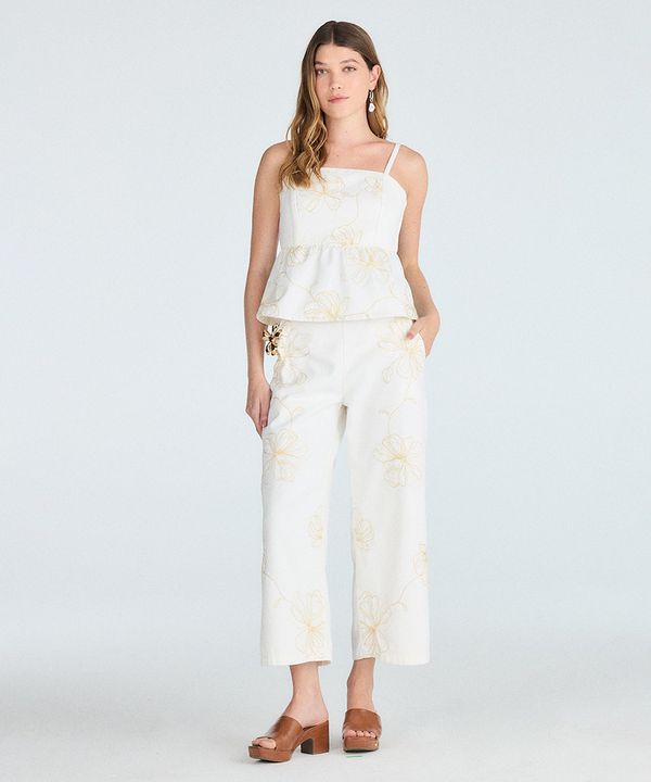calça wide leg cropped feminina de sarja floral off white 36