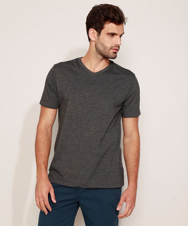 camiseta masculina básica manga curta gola v cinza mescla escuro PP