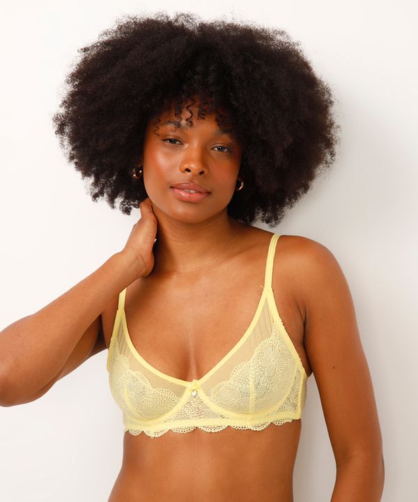 sutiã meia taça sem bojo rendado amarelo 42
