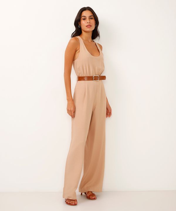 macacão wide leg de viscose com cinto bege PP
