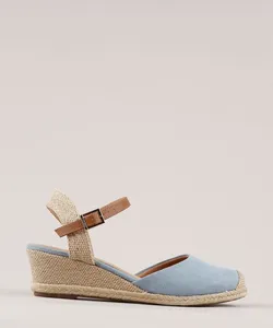 Espadrille Feminina Via Uno Anabela Salto Médio em Suede com Corda Azul Claro 36