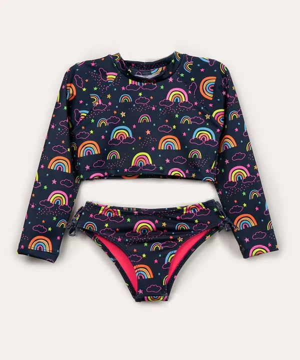 biquíni infantil manga longa cropped arco-íris azul marinho 12