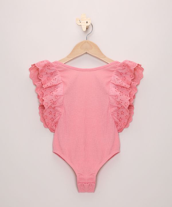 Body Infantil com Babado em Laise Sem Manga Rosa 10