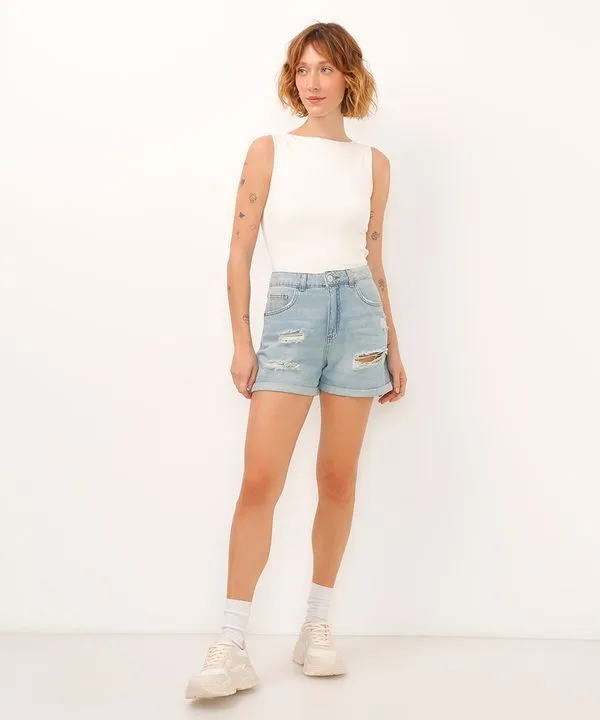 short curto jeans cintura super alta destroyed azul 42