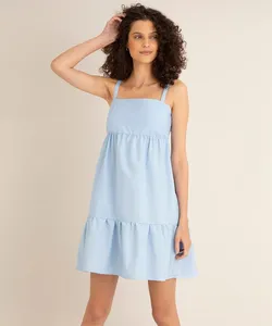 vestido curto de tricoline alça larga decote reto com recortes azul M