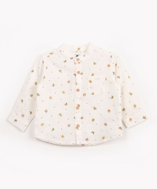 camisa com linho infantil bichinhos com bolsinho manga longa off white 18-24