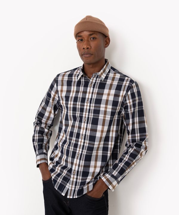camisa de algodão xadrez manga longa branca P