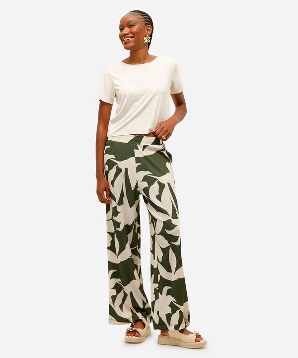 calça wide leg feminina floral texturizada verde P