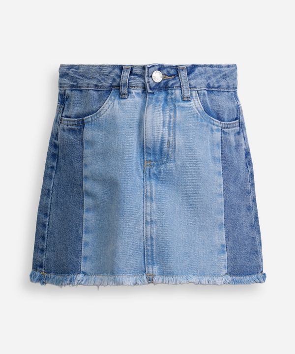 saia curta infantil jeans com recortes e barra desfiada azul 8