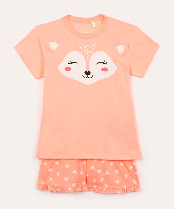 pijama de algodão infantil raposa e corações manga curta croral 12