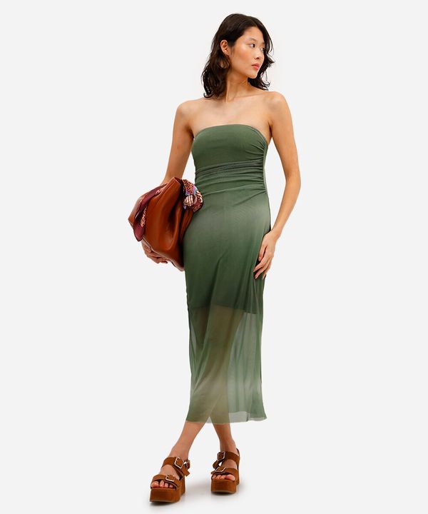 vestido midi feminino de tule com franzido degradê verde PP