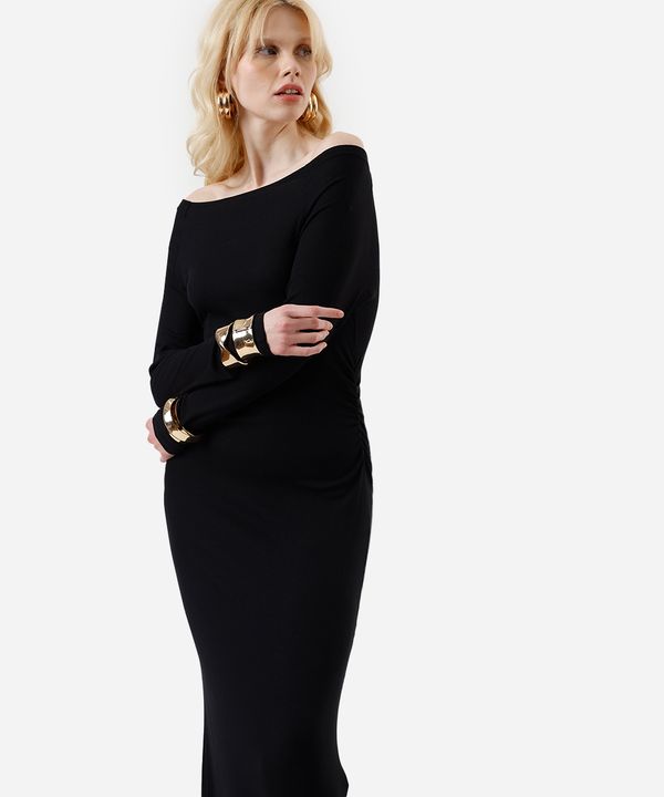 vestido midi feminino de viscose ombro a ombro manga longa canelado preto GG