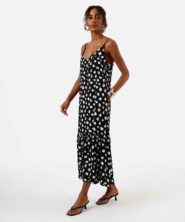 vestido midi de viscose alça fina com recorte animal print preto PP