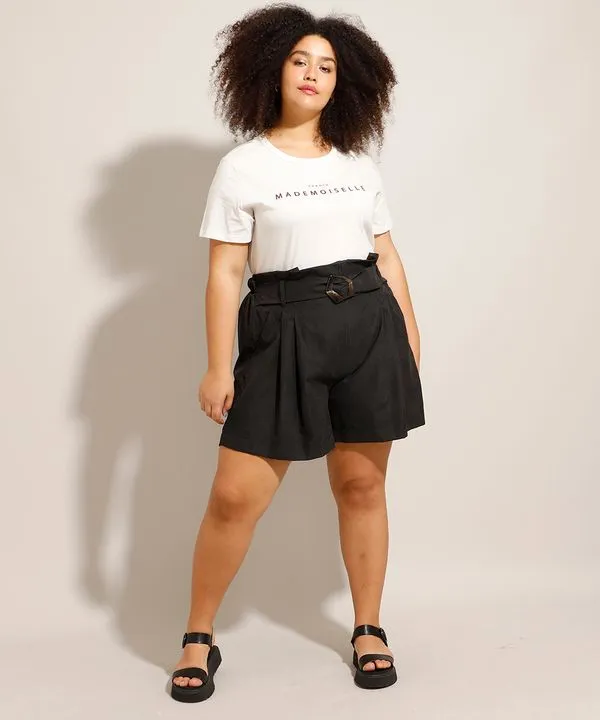 Short Clochard Plus Size Cintura Alta com Cinto Preto GG1
