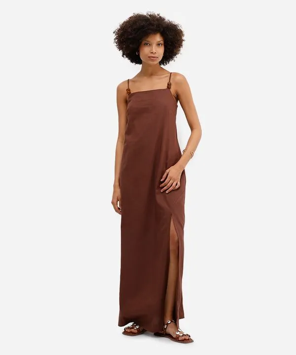 vestido longo feminino com linho e fenda marrom P