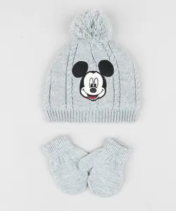 Kit de Gorro Infantil Mickey com Pompom + Luva em Tricô Cinza Mescla Único