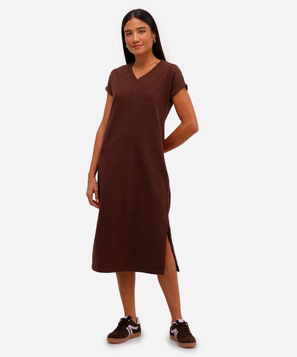 vestido midi básico feminino texturizado marrom P
