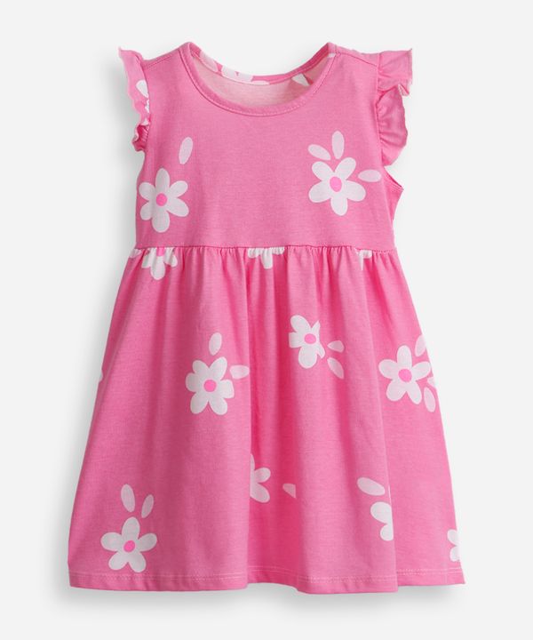 vestido infantil de algodão com babado floral rosa 1