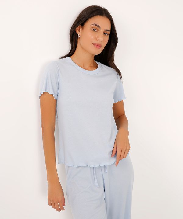 blusa de pijama manga curta canelada - azul PP